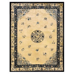 1920s Beige Cream Polka Dot Medallion Antique Chinese Peking Knotted Wool Rug