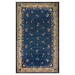 1900s Blue Traditional Floral Deco Antique Peking Chinese Knotted Wool Rug