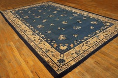 1900s Blue Traditional Floral Deco Antique Peking Chinese Knotted Wool Rug
