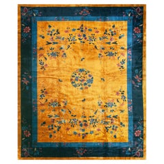 1920s Yellow Field Open Field Floral Medallion Antique Art Deco Chinese Rug