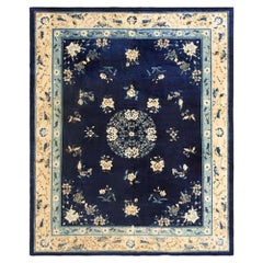 1920s Blue Navy Floral Medallion Deco Oriental Antique Peking Chinese Rug