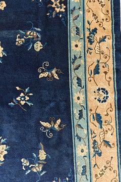 1920s Blue Navy Floral Medallion Deco Oriental Antique Peking Chinese Rug