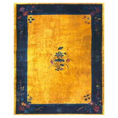 1920s Antique Chinese Minimalist Floral Art Deco Room Size Wool Blue Yellow Rug