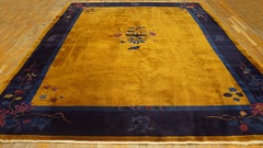1920s Antique Chinese Minimalist Floral Art Deco Room Size Wool Blue Yellow Rug