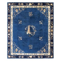 Floral Antique Late 19th Century Scenic Medallion Blue Field Chinese Peking Rug