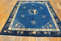 Floral Antique Late 19th Century Scenic Medallion Blue Field Chinese Peking Rug