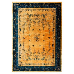 1920s Antique Large Oversized Big Floral Yellow Chinese Art Deco Knotted Rug