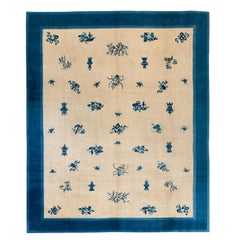 Traditional Ivory Antique Late 19th Century Room Size Floral Chinese Peking Rug
