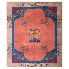 1920s Antique Rose Floral Rectangle Chinese Art Deco Carpet by Nichols Workshop