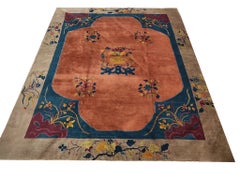 1920s Antique Rose Floral Rectangle Chinese Art Deco Carpet by Nichols Workshop
