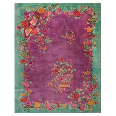 Rectangle Purple 1920s Antique Room Size Chinese Wool Art Deco Knotted Rug