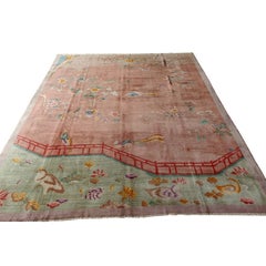1920s Scenic Coral Antique Chinese Art Deco Bird Knotted Wool Carpet Rug