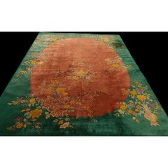 1920s Orange Open Field Floral Modern Antique Chinese Art Deco Knotted Wool Rug