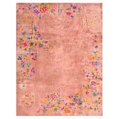 1930s Orange-Peach Floral Modern Antique Chinese Art Deco Rug Handknotted Carpet