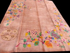 1930s Orange-Peach Floral Modern Antique Chinese Art Deco Rug Handknotted Carpet
