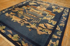 1920s Scene Pictorial Blue Geometric Antique Chinese Peking Knotted Wool Rug