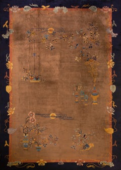 1920s Brown Minimalist Floral Antique Chinese Art Deco Large Oversized Big Rug