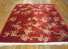 1930s Red Rustic Floral Antique Chinese Room Size Art Deco Area Knotted Wool Rug