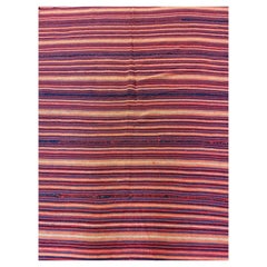 1950s Multicolor Ground Stripe Modern Turkish Kilim Flatweave Small Rug