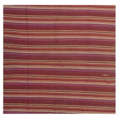 1950s Stripe Geometric Vintage Turkish Kiim Flatweave Wool Square Rug 7' x 7'