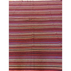 1950s Stripe Geometric Vintage Turkish Kiim Flatweave Wool Square Rug 7' x 7'