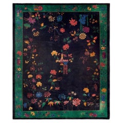 1920s Navy Blue Antique Floral Vase Modern Chinese Classic European Art Deco Rug