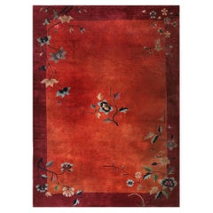 Petit tapis décoratif chinois Art déco des années 1920, en laine nouée, à motifs floraux rouges