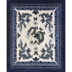 1890s Ivory and Blue Antique Cloud Band Design Chinese Dragon Peking Rug