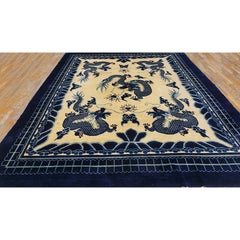 1890s Ivory and Blue Antique Cloud Band Design Chinese Dragon Peking Rug