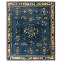 1920s Blue Field Floral Traditional Medallion Antique Chinese Peking Knotted Rug