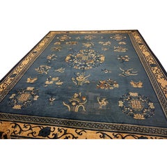 1920s Blue Field Floral Traditional Medallion Antique Chinese Peking Knotted Rug