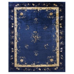 1920s Blue Floral Art Deco Influences Antique Chinese Peking Room Size Rug