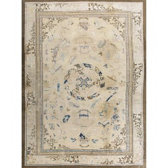 1880s Ivory Field Medallion Vase Classic Antique Chinese Peking Room Size Rug