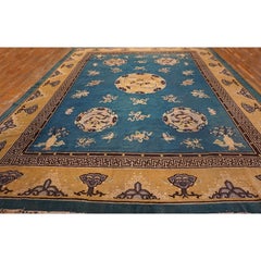 1880s Blue Antique Bird of Paradise Chinese Dragons Design Peking Rug