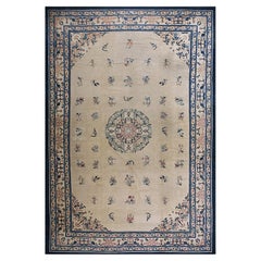 1920s Beige Large Deco Floral-Medallion Pattern Antique Chinese Peking Rug