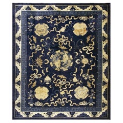 Antique Traditional Elements Chinese Peking Floral Medallion Blue 1880s Rug