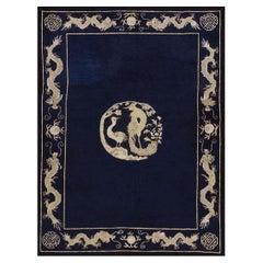 1900s Blue Navy Dragon Crane Medallion Antique Chinese Peking Carpet Rug