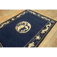 1900s Blue Navy Dragon Crane Medallion Antique Chinese Peking Carpet Rug