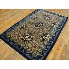 1920s Blue Medallion Antique Chinese Peking Dragon Greek Key Knotted Wool Rug