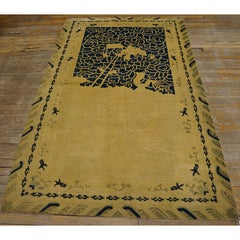 1890s Beige Dragon Qing Antique Chinese Peking Carpet Knotted Wool Small Rug