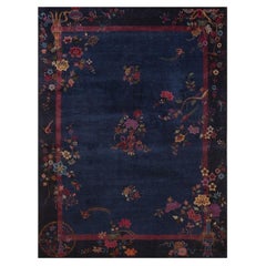 1920s Blue Navy Floral Medallion Vase Antique Chinese Art Deco Room Size Rug