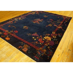1920s Blue Navy Floral Medallion Vase Antique Chinese Art Deco Room Size Rug