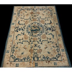 1880s Beige Foo Dogs Chinese Lions Medallion Antique Ningxia Small Rug