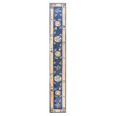 1880s Blue Floral Antique Imperial Traditional Chinese Peking Rug Knotted Runner