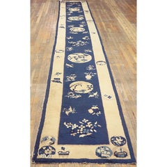1880s Blue Floral Antique Imperial Traditional Chinese Peking Rug Knotted Runner