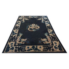 1890s Navy Blue Dragon Medallion Antique Chinese Ningxia Carpet Wool Knotted Rug