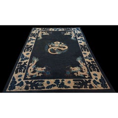 1890s Navy Blue Dragon Medallion Antique Chinese Ningxia Carpet Wool Knotted Rug