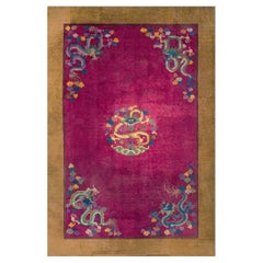 1920s Purple Dragon Medallion Antique Chinese Art Deco Carpet Wool Rug
