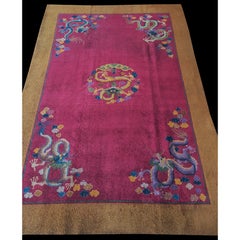 1920s Purple Dragon Medallion Antique Chinese Art Deco Carpet Wool Rug