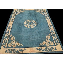 1890s Blue Antique Chinese Peking Ningxia Hand Knotted Rug 7'3" x 9'